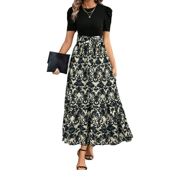 NAMTYQX Dresses for Women 2025 Casual Summer Chiffon High Waist Elegant Floral Maxi Dresses for Women 2025 Navy Size L