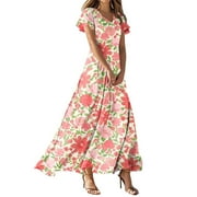 NAMTYQX Dresses for Women 2025 Casual Summer Floral Print Boho Maxi Dress Vacation Dresses for Women 2025 Dark Blue Size XL