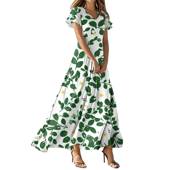 NAMTYQX Dresses for Women 2025 Wedding Guest Maxi Dress V Neck Floral Spring Dresses for Women 2025 Green Size XS