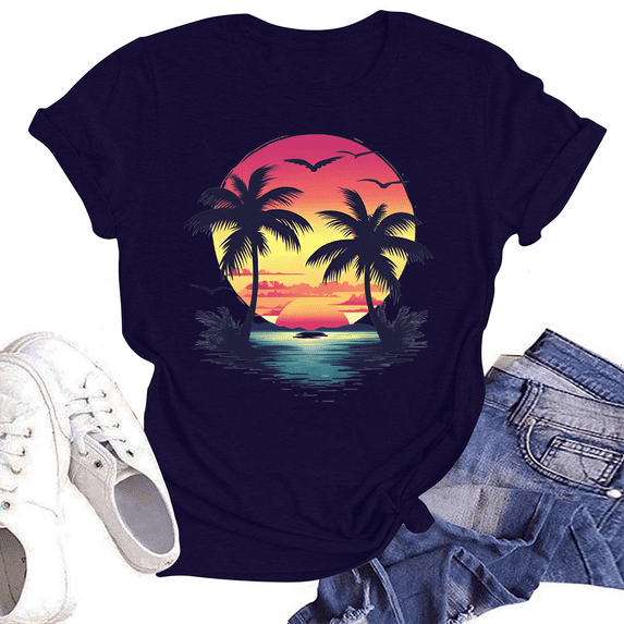 NAMTYQX Fall Shirts for Women 2025 Boyfriend Stretchy Patterned Plus Size Soft Crewneck Short Sleeve Hawaiian Graphic Ladies Tops and Blouses Navy Size L