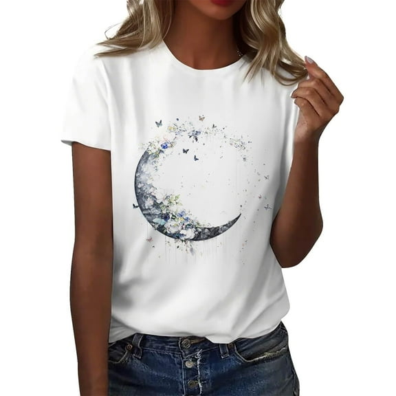 NAMTYQX Fall Shirts for Women 2025 Lightweight Printed Cool Short Sleeve Boyfriend Fullprint Basic Crewneck Plus Size Going Out Tops for Women White Size 2XL