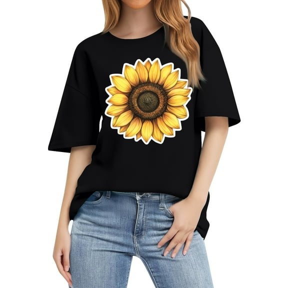 NAMTYQX Fall Shirts for Women 2025 Soft Pattern Trendy Scoop Neck Relaxed Fit Muster Lightweight Short Sleeve Oversized Plus Size Tops for Women Black Size M