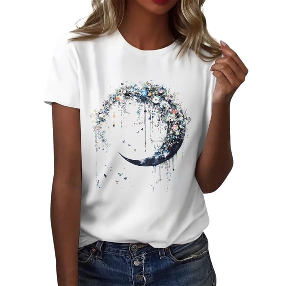 NAMTYQX Fall Shirts for Women 2025 Boyfriend Grafisches Short Sleeve Airoft Light Print Classic Crewneck Oversized Blouses for Women Sky Blue Size M