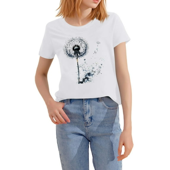 NAMTYQX Fall Shirts for Women 2025 Print Stretchy Short Sleeve Breathable Crewneck Looses Plus Size Pattern Basic Womens T Shirts White Size S