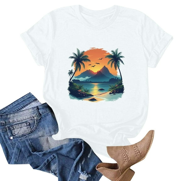 NAMTYQX Fall Shirts for Women 2025 Stretch Crewneck Trendy Cool Short Sleeve Fullprint Boyfriend Graphic Plus Size Summer Tops White Size 3XL