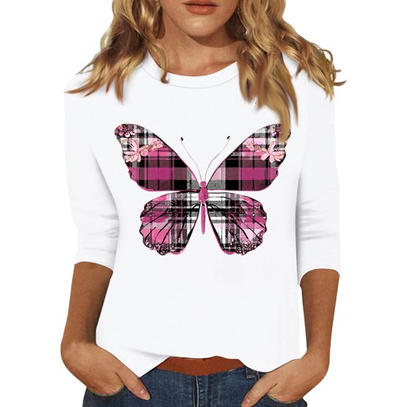 NAMTYQX Fall Tops for Women 2025 Loose Fit Pink Ribbon Print Round Neck Cool White Size L