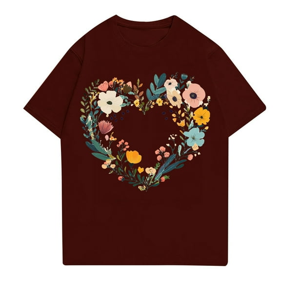 NAMTYQX Floral Tops for Women Cool Loose Lightweight Print Oversized Muster Lounge Crew-Neck Short Sleeve Women's Blouses Wine Size XL