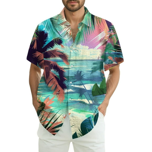 NAMTYQX Funny Hawaiian Shirts for Men Button Down Lapel Plus Size Soft Lounge Short Sleeve Loose Fit Light Tropical Print Hawaiian Shirt for Men Cyan Size 4XL
