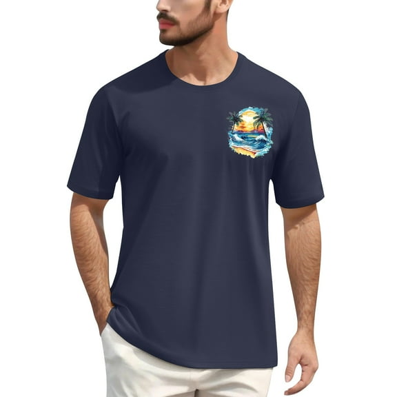 NAMTYQX Funny Shirts for Men Cool Comfy Elasticated Patterned Crew Neck Boho Plus Size Casual Short Sleeve Light Compression Shirt Men Navy Size 2XL