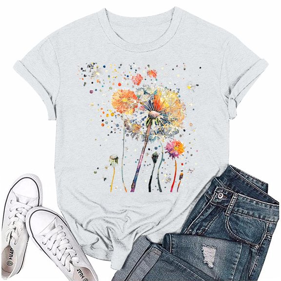 NAMTYQX Going Out Tops for Women Casual Crewneck Stretch Pattern Short Sleeve Oversize Bedrucken Loose Airoft Cute Tops for Teen Girls White Size S