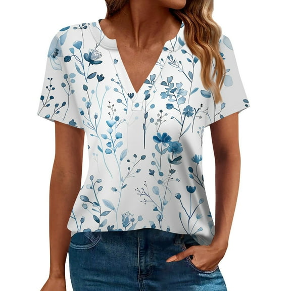 NAMTYQX Going Out Tops for Women Fashion Comfort Plus Size Loose Fitting Casual V Neck Short Sleeve Soft Light Blue Size L