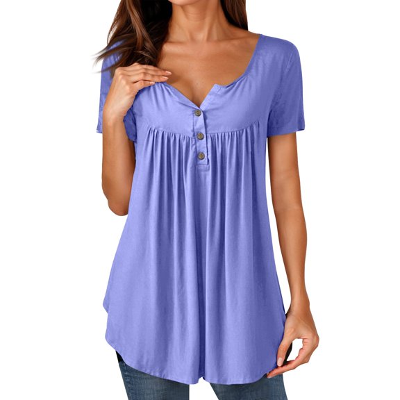 NAMTYQX Going Out Tops for Women Loose Fit Short Sleeve Button V Neck Pleated Fashion Patterns Casual Plus Size Sky Blue Size 3XL