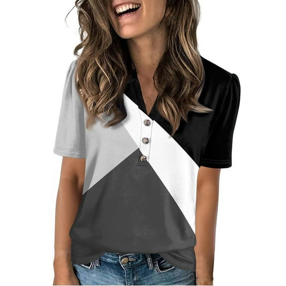 NAMTYQX Going Out Tops for Women Plus Size Short Sleeve Soft Baggy Casual Comfort Trendy Button Vneck Black Size M