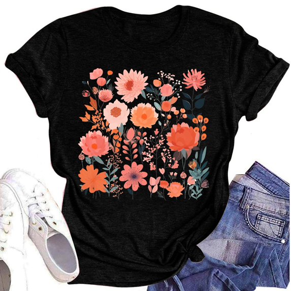 NAMTYQX Going Out Tops for Women Print Short Sleeve Cool Graphic Oversized Crewneck Baggy Casual Stretch Graphic Tees Black Size L