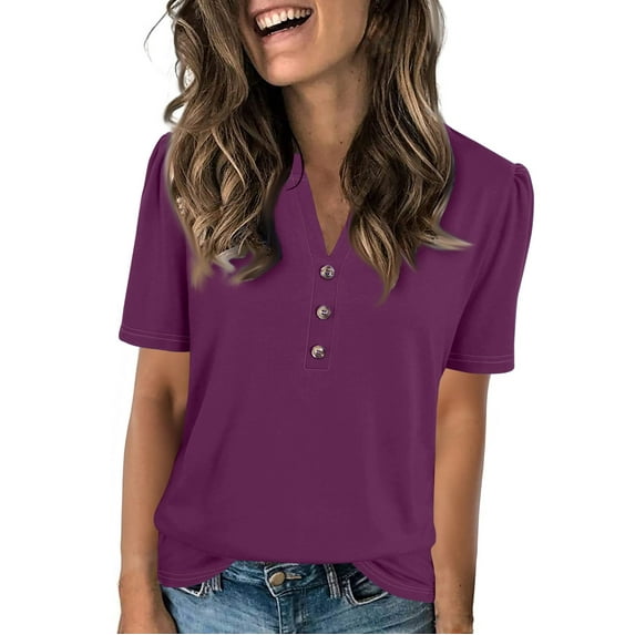 NAMTYQX Going Out Tops for Women Short Sleeve Loose Fit Plus Size Comfort Soft Casual Button V Neck Trendy Purple Size S