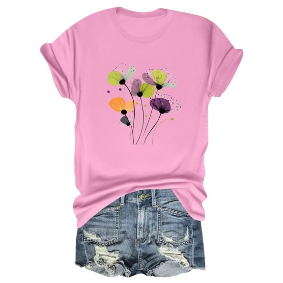 NAMTYQX Going Out Tops for Women Trending Short Sleeve Plus Size Loose Crewneck Print Cool Stretchy Gemustertes Womens Summer Shirts Pink Size M