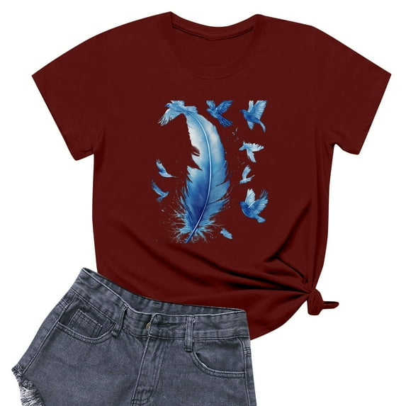 NAMTYQX Going Out Tops for Women Comfy Graphic Short Sleeve Plus Size Lightweight Round Neck Fullprint Cool Basic Womens Graphic T Shirts Wine Size 2XL
