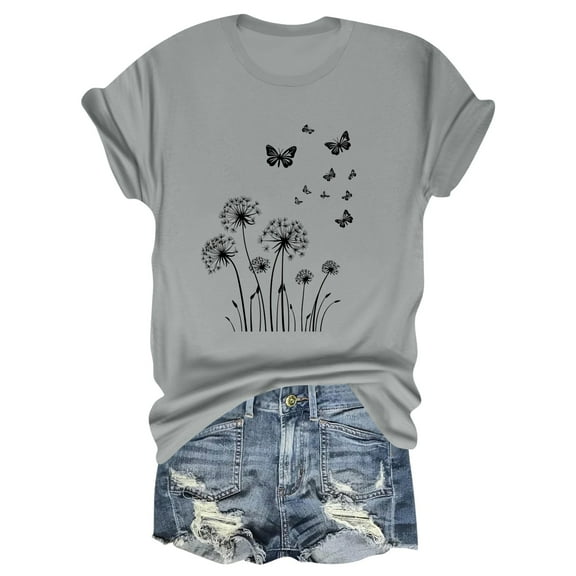 NAMTYQX Going Out Tops for Women Crew Neck Light Soft Short Sleeve Patterned Plus Size Basic Relaxed Fit Graphic Womens Tops Dressy Casual Light Gray Size XL