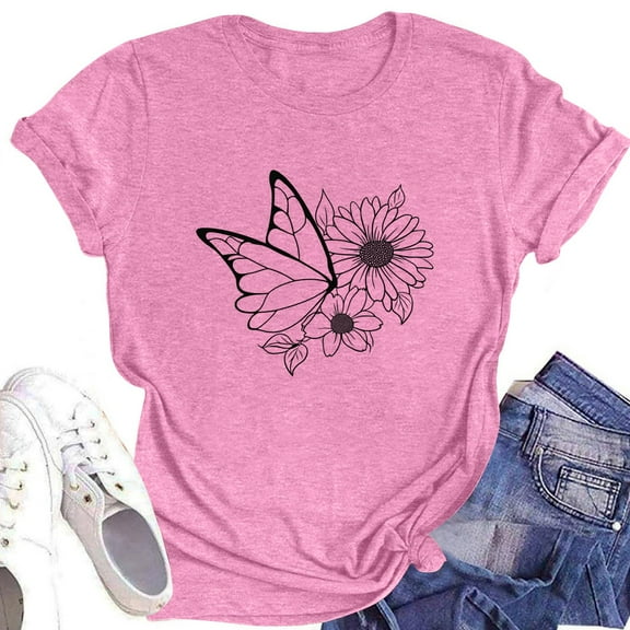 NAMTYQX Going Out Tops for Women Crewneck Short Sleeve Soft Casual Fullprint Baggys Light Plus Size Print Oversized Graphic Tees for Women Pink Size M