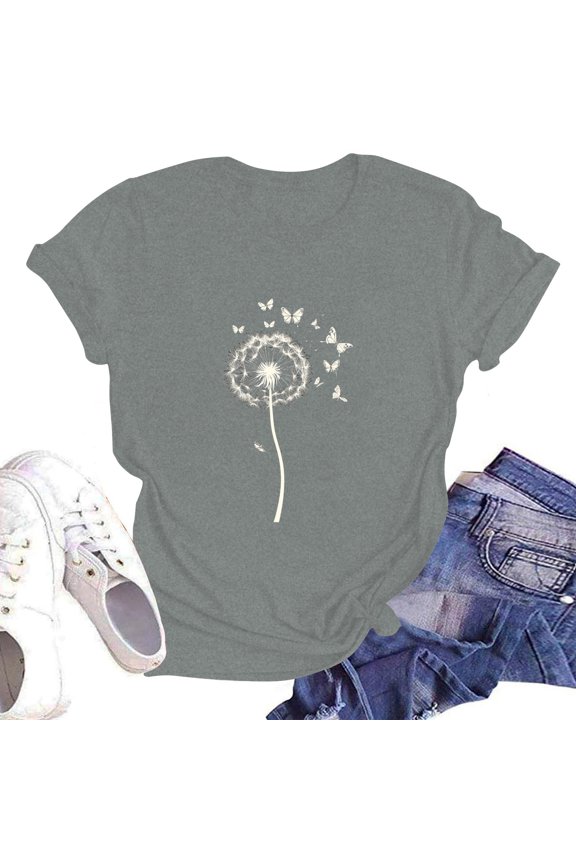 Graphic Tees Cool Lounge Printed O-Neck Patterned Loose Stretch Short Sleeve Plus Size Graphic Tees for Women Trendy Gray Size M