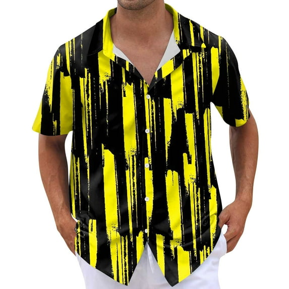 NAMTYQX Graphic Tees Men Tropical Graphic Button Front Casual Light Short Sleeve Plus Size V Neck Funny Hawaiian Shirts for Men Yellow Size 5XL