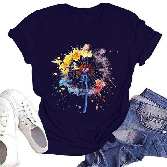 NAMTYQX Graphic Tees Patterned Hawaii Light Short Sleeve Plus Size Loose Crewneck mit Print Breathable Womens Tshirts Cotton Loose Fit Navy Size XL