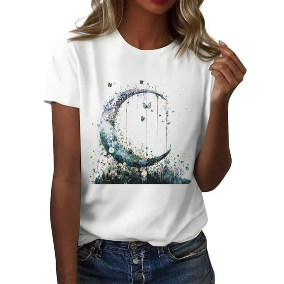 NAMTYQX Graphic Tees for Women Loose Short Sleeve Muster Crewneck Hawaii Patterned Oversized Cool Light Spring Tops for Women 2025 Light Blue Size 2XL