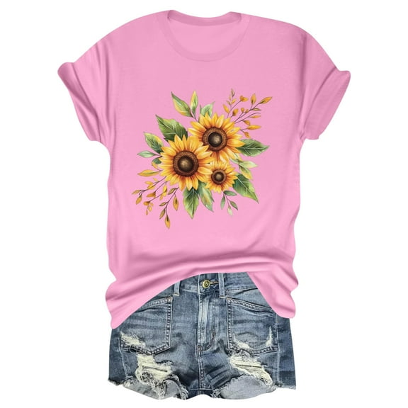 NAMTYQX Graphic Tees for Women Trendy Boyfriend Cute Short Sleeve Patterned Scoop Neck Plus Size Soft Fullprint Stretch Womens Tops Dressy Casual Pink Size L