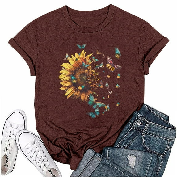 NAMTYQX Graphic Tees for Women Trendy Stretch Round Neck Slack Cool Fashion Grafisches Print Oversize Short Sleeve Summer Shirts for Women Yellow Size M