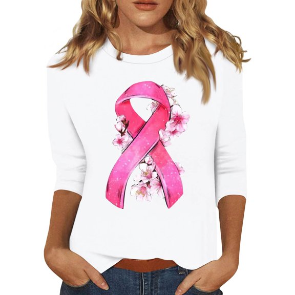 NAMTYQX Graphic Tees for Women Baggy Casual Pink Ribbon Print White Size S