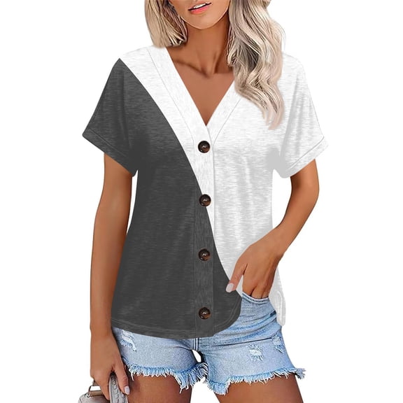 NAMTYQX Graphic Tees for Women Button Down Open Front Short Sleeve Lightweight Soft Casual V Neck Plus Size Fashion Baggy Gray Size 2XL