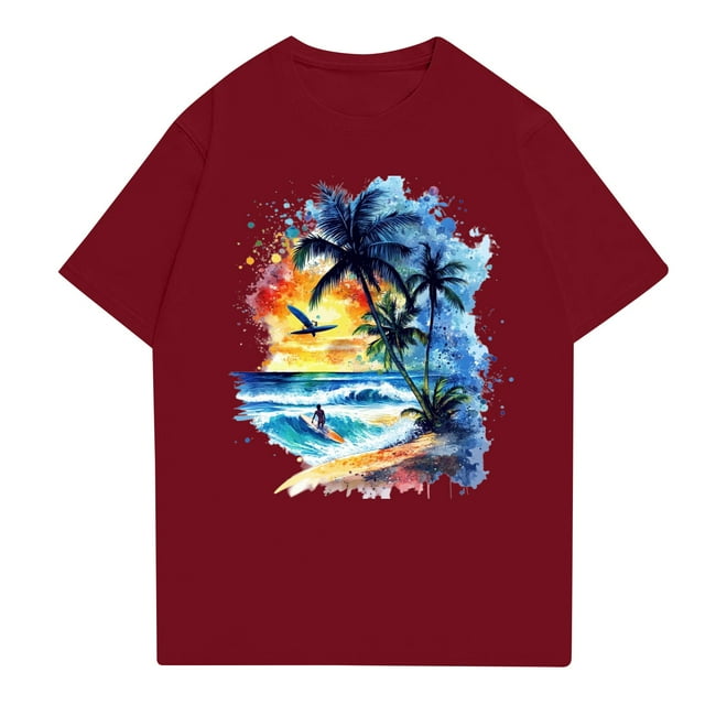 NAMTYQX Graphic Tees for Women Light Plus Size Loose Short Sleeve Hawaii Tropical Pattern Crew-Neck Cute Casual Wine Size 5XL