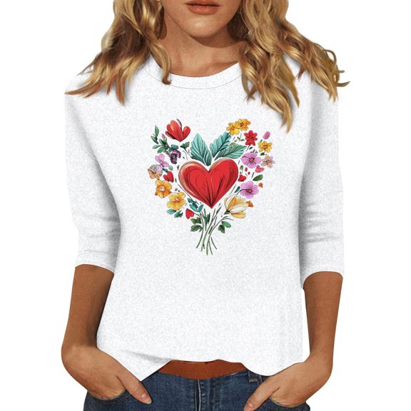 NAMTYQX Graphic Tees for Women Loose Fit Classic Womens Blouse Stretch Light 3/4 Sleeve Women's T-Shirts White Size L