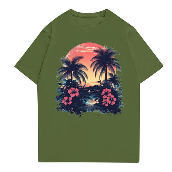 NAMTYQX Graphic Tees for Women Plus Size Scoop Neck Short Sleeve Casual Hawaii Tropical Pattern Baggy Stretchy Classic Army Green Size 5XL
