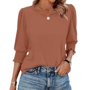 NAMTYQX Graphic Tees for Women Solid Color Plus Size Classic Stretch Baggy Crewneck 3/4 Puff Sleeve Casual Trendy Coffee Size 2XL