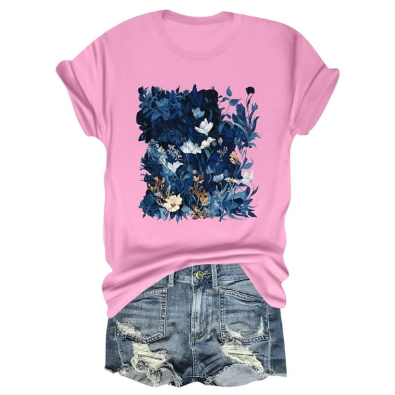 NAMTYQX Graphic Tees for Women Trendy Bedruckte Cool Loose Fitting Plus Size Light Short Sleeve Print Cute Crewneck Women's T-Shirts Pink Size L