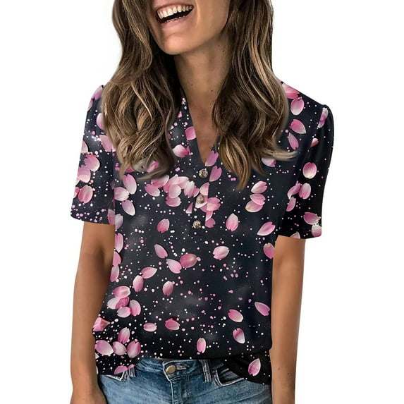 NAMTYQX Graphic Tees for Women Trendy Button V Neck Loose Womens Summer Tops Casual Tops for Women Trendy Black Size 2XL