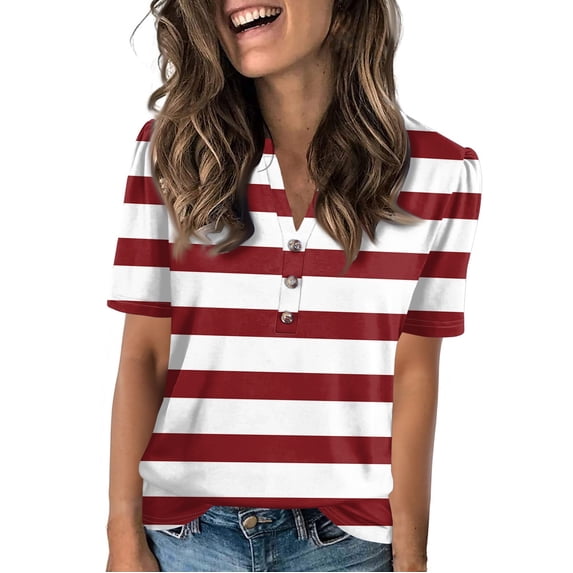 NAMTYQX Graphic Tees for Women Trendy Short Sleeve Patterned Fashion Button V Neck Basic Tees for Women Deep Red Size XL