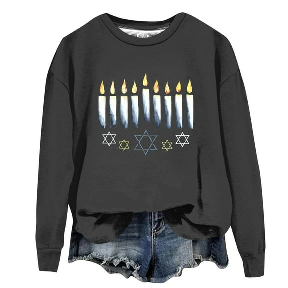 NAMTYQX Hanukkah Gifts Scoop Neck Sweatshirt for Women Loose Casual Long Sleeve Black Size S