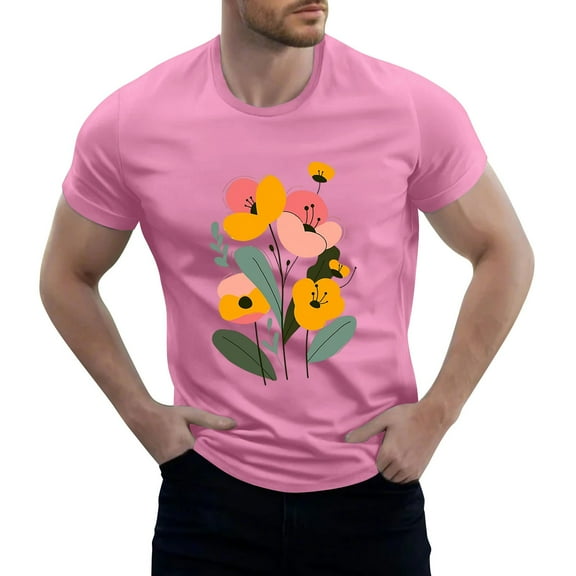 NAMTYQX Hawaiian Shirt for Men Pattern Breathable Casual Elastic Boho Light Baggy Crew Neck Plus Size Short Sleeve Hawaiian Shirts for Men Pink Size XL