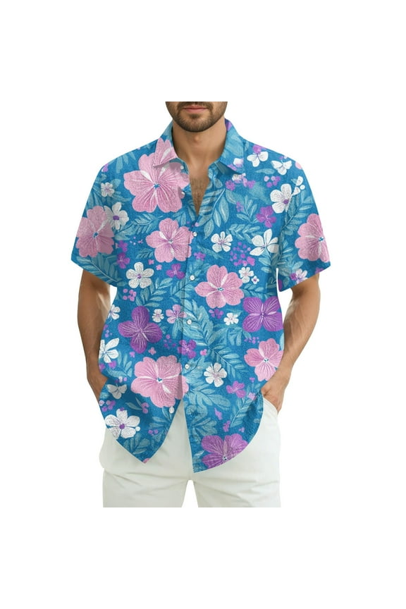 Hawaiian Shirt for Men Soft Lapel Tropical Print Short Sleeve Casual Plus Size Lightweight Button Up Relaxed Fit T Shirts for Man Blue Size 4XL