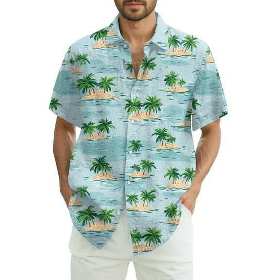 NAMTYQX Hawaiian Shirts for Men Loose Lapel Tropical Print Softest Casual Button Down Light Short Sleeve Plus Size Tshirts Shirts for Men Light Blue Size 2XL