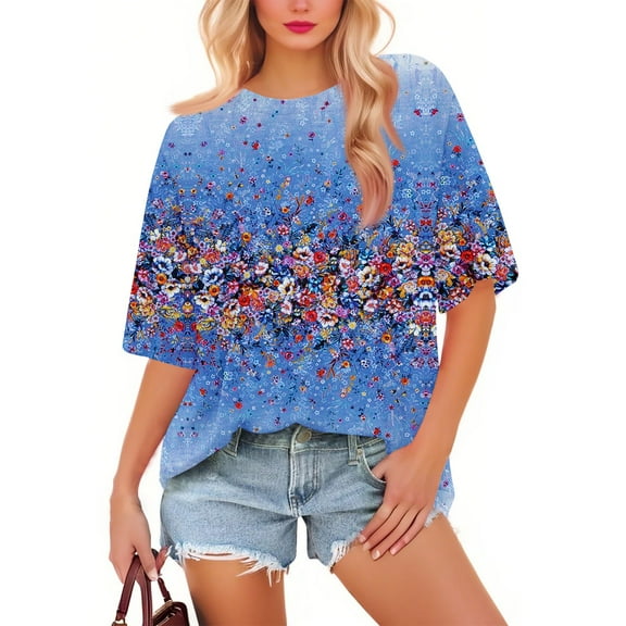 NAMTYQX Hawaiian Shirts for Women Cute Stretch Boxy Fit Plus Size Graphic Lounge Short Sleeve Stylish Crewneck Blue Size L