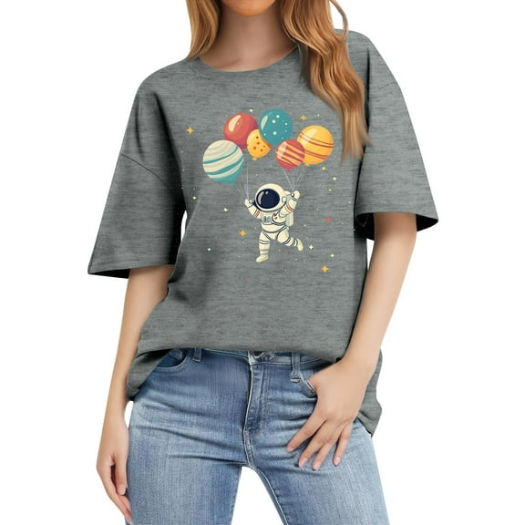 NAMTYQX Hawaiian Shirts for Women Loose Fit Short Sleeve Round Neck Simple Cool Stretch Print Plus Size Patterned Summer Tops Gray Size L