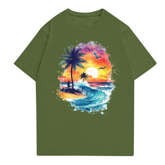 NAMTYQX Hawaiian Shirts for Women Scoop Neck Casual Light Plus Size Short Sleeve Classic Loose Fitting Hawaii Tropical Graphic Army Green Size S