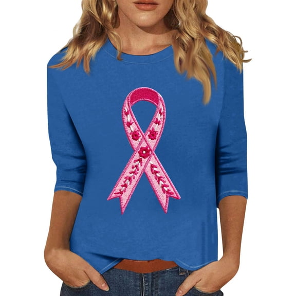 NAMTYQX In October We Wear Pink Shirt Floral Crew Neck Loose Fitting Blue Size 2XL