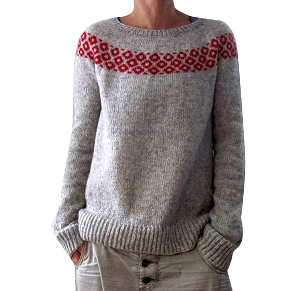 NAMTYQX Ladies Sweaters Print Round Neck Women's Pullover Sweaters Loose Trendy Warm Long Sleeve Red Size 3XL
