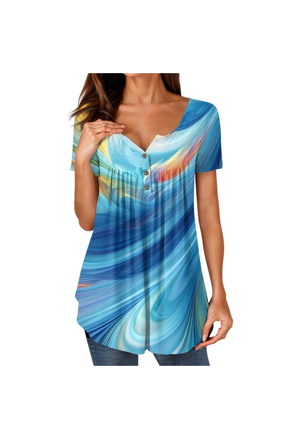Ladies Tops And Blouses Casual Button V-Neck Loose Fitting Fashion Plus Size Pleated Patterned Short Sleeve Blue Size 2XL