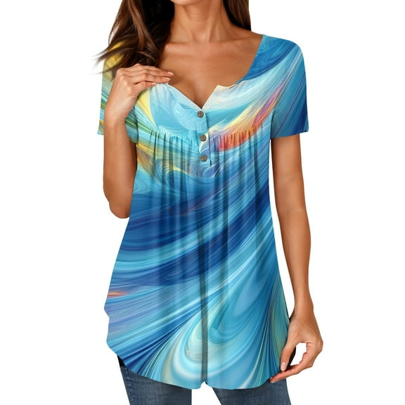 NAMTYQX Ladies Tops And Blouses Casual Button V-Neck Loose Fitting Fashion Plus Size Pleated Patterned Short Sleeve Blue Size 2XL