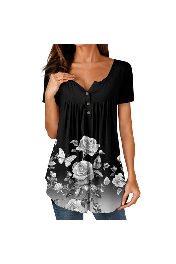Ladies Tops And Blouses Patterns Short Sleeve Trending Casual Ruched Loose Fit Button V Neck Plus Size Dark Gray Size M